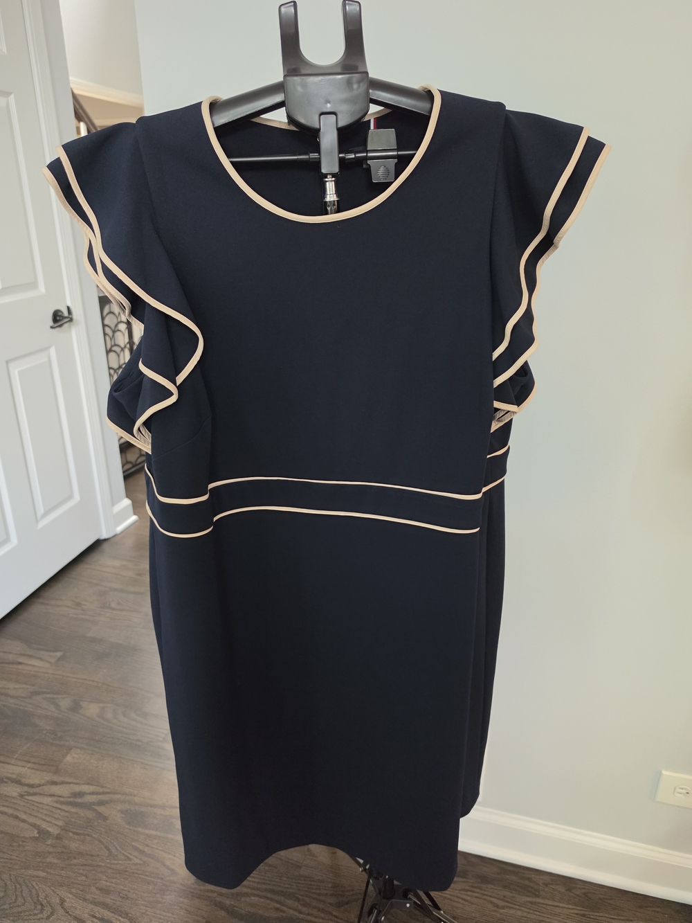 Tommy Hilfiger Navy Midi Dress with Beige Contrast Piping